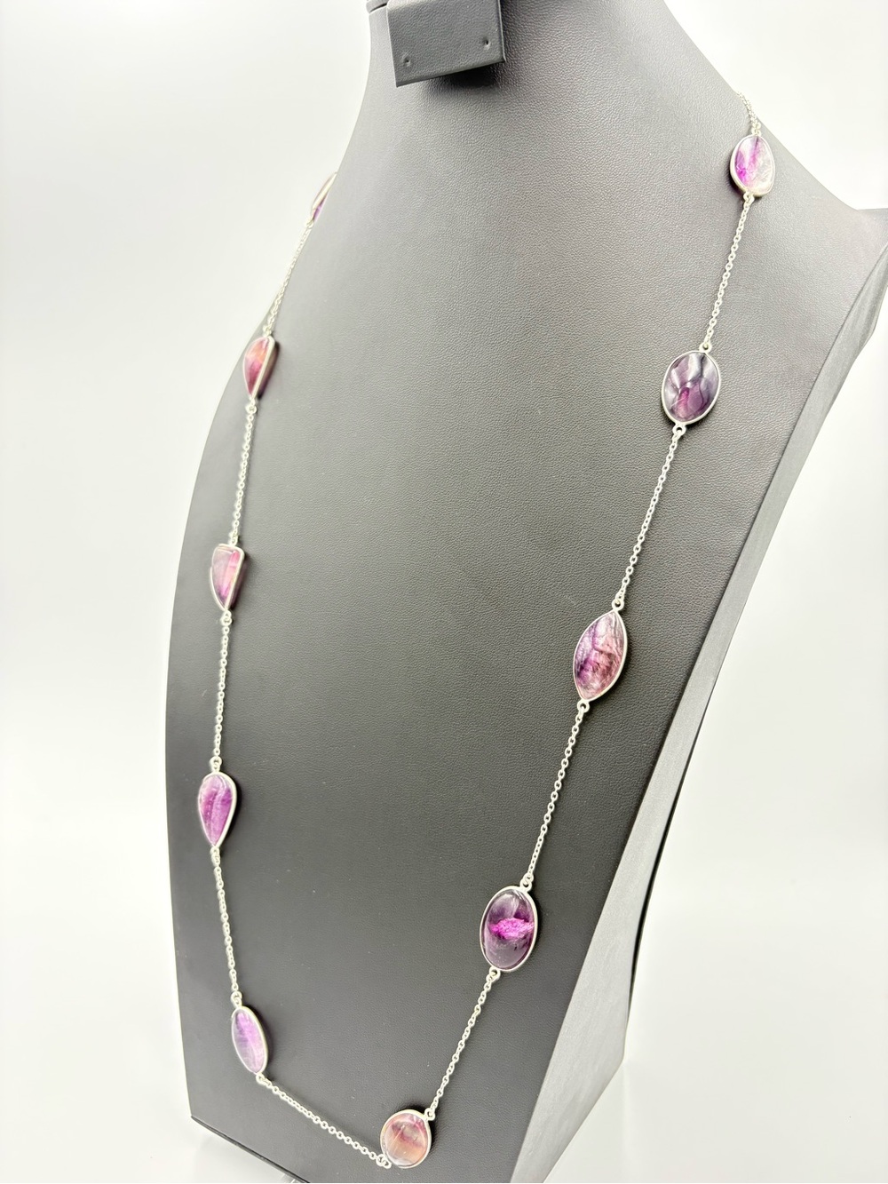 Sterling Silver Purple Fluorite Gemstone Station Necklace - Length 34”